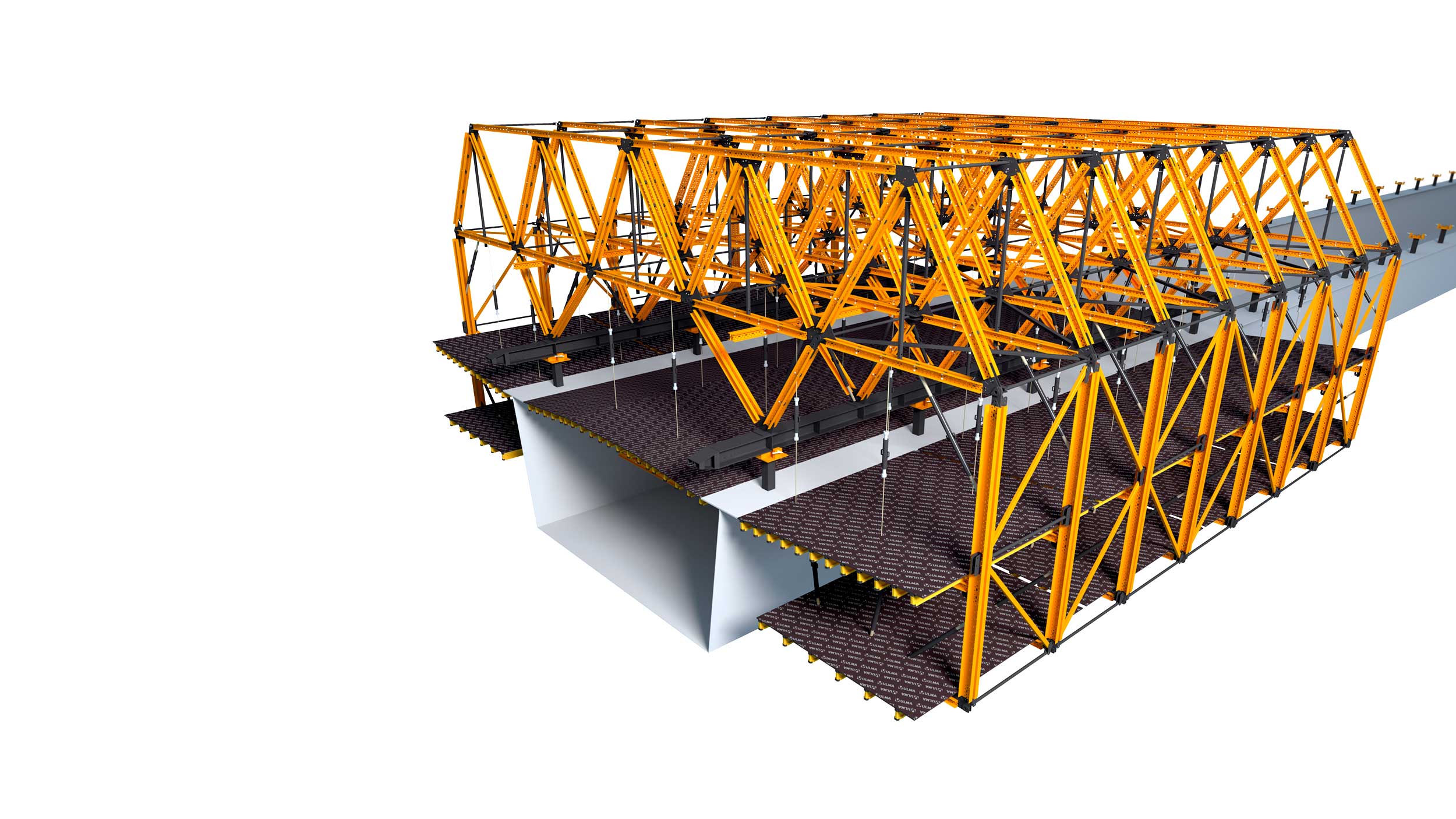 Cantilever formwork for steel composite bridges and partially pre-cast concrete bridges. Highlights: configurable for each project. Allows quick work cycles.