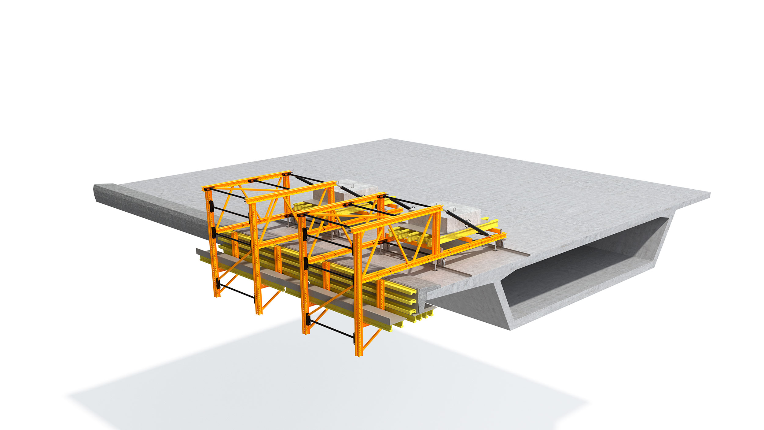Cantilever formwork for steel composite bridges and partially pre-cast concrete bridges. Highlights: configurable for each project. Allows quick work cycles