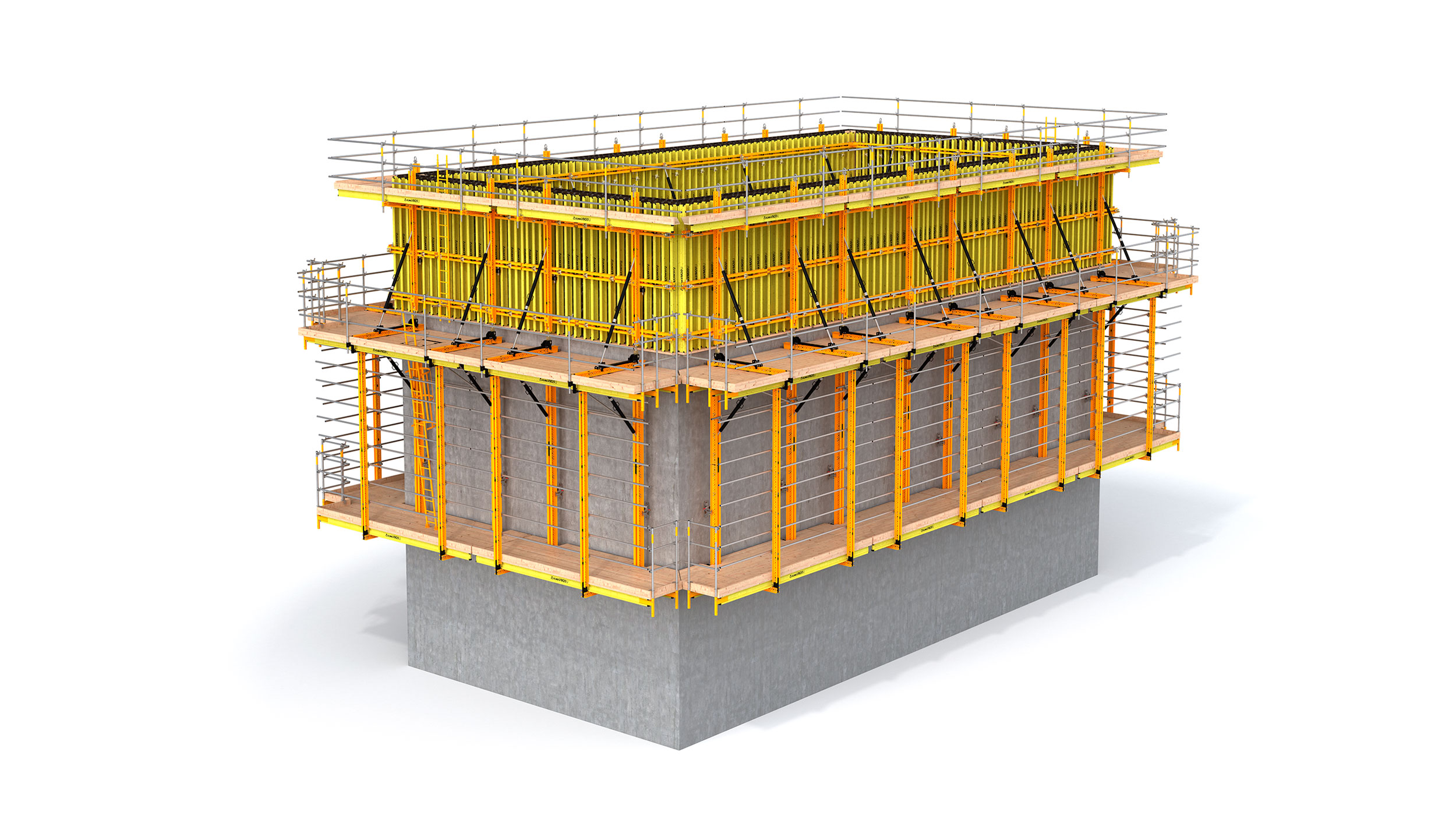 Flexible rail-guided climbing formwork for forming cores, shear walls and perimeter walls using a hydraulic lifting mechanism.
