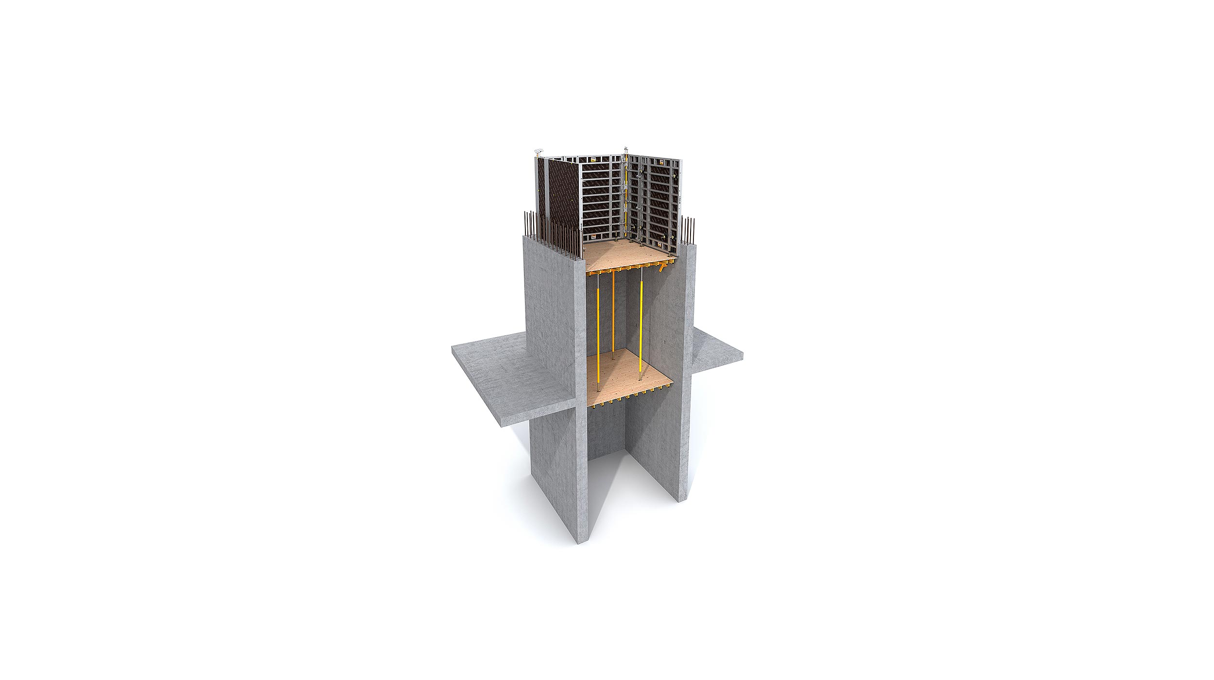 A simple solution for supporting shaft internal formwork or walkway support. Perfect for elevator and staircase shafts, building cores, hollow piers, etc.