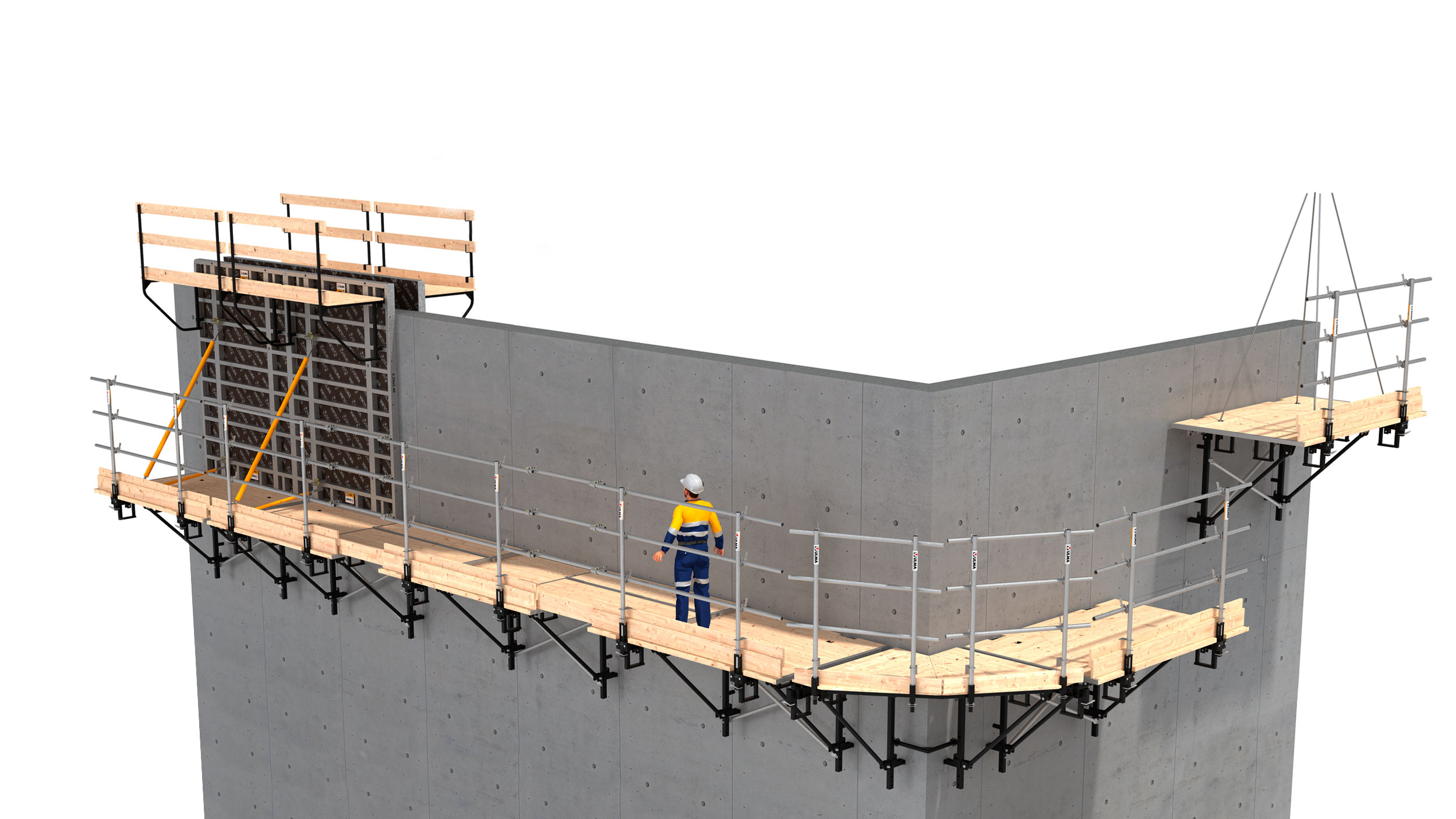 Working platforms for pouring concrete in wall construction. Easily attaches to walls with cones.