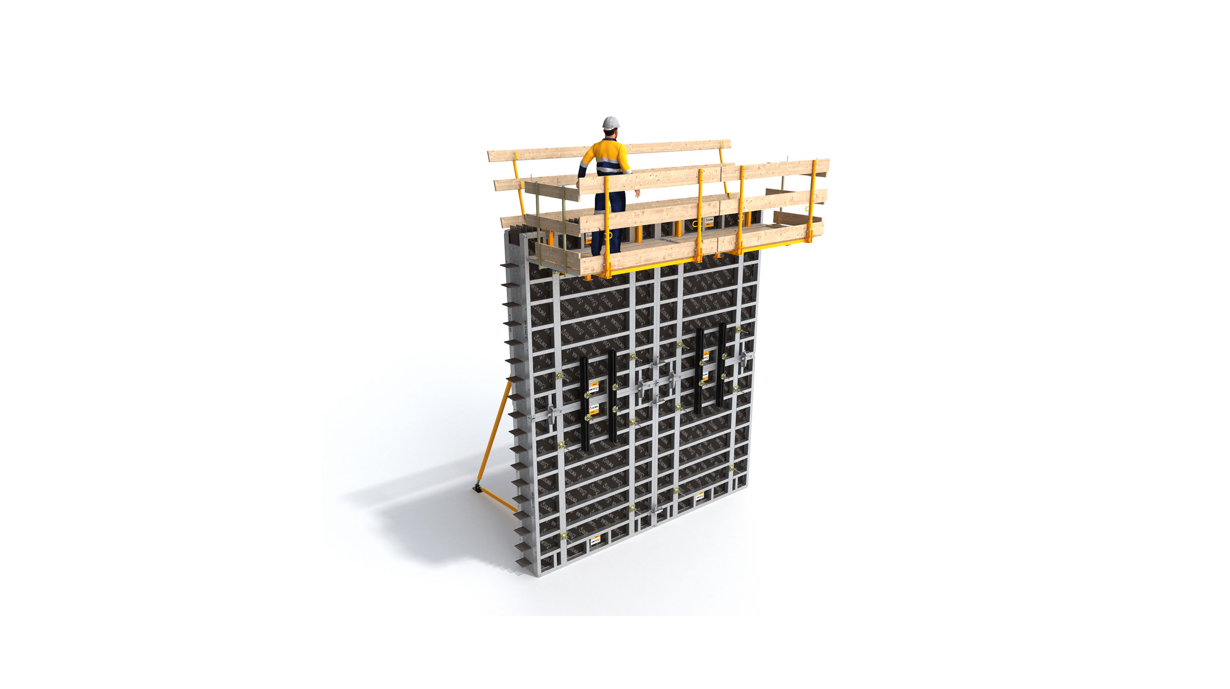 Optimized safety platform designed for wall concreting tasks. Easy attachment to formwork panels.