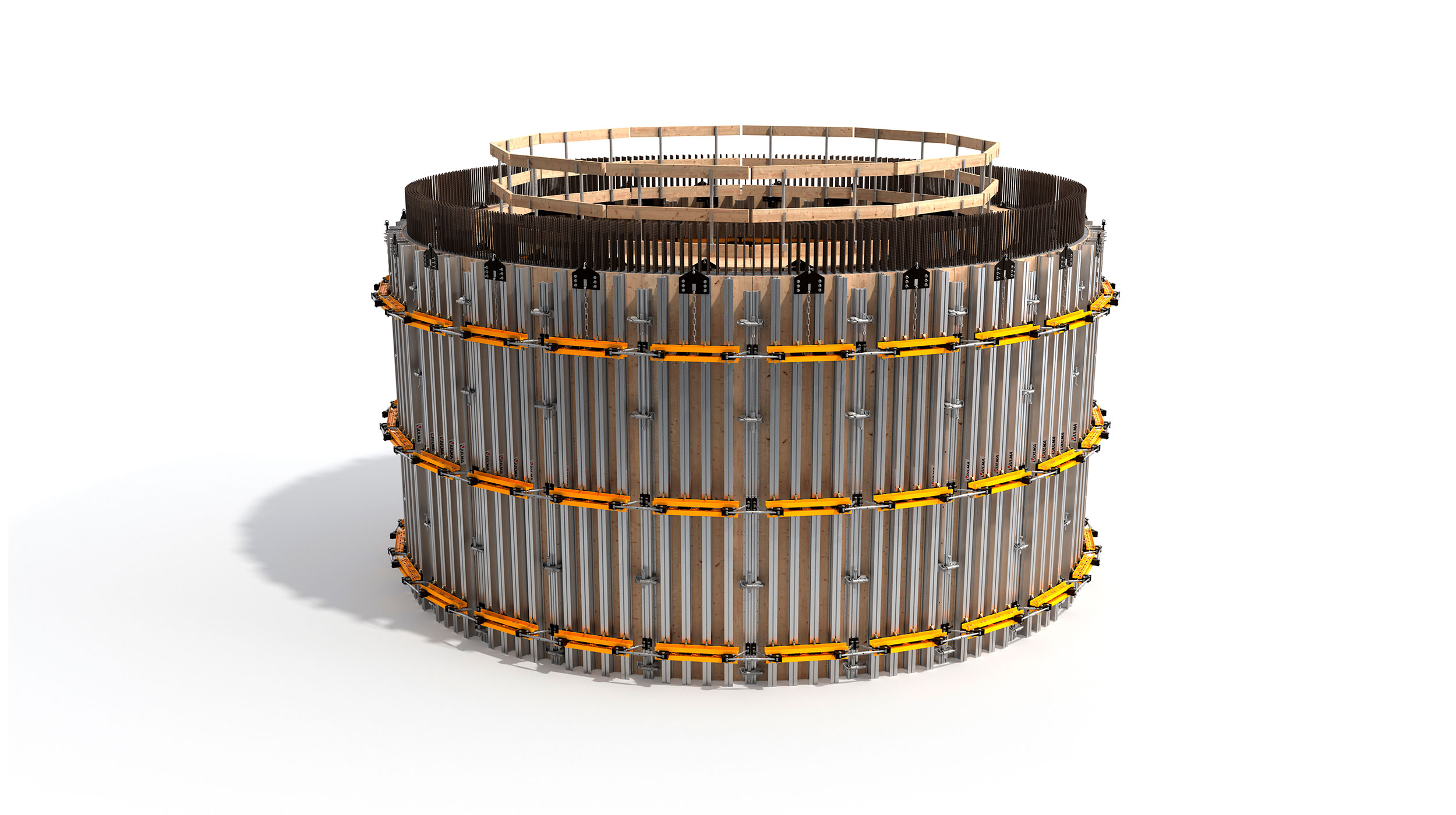 Modular circular formwork system composed of modular panels, which are pre-assembled according to the required radius.