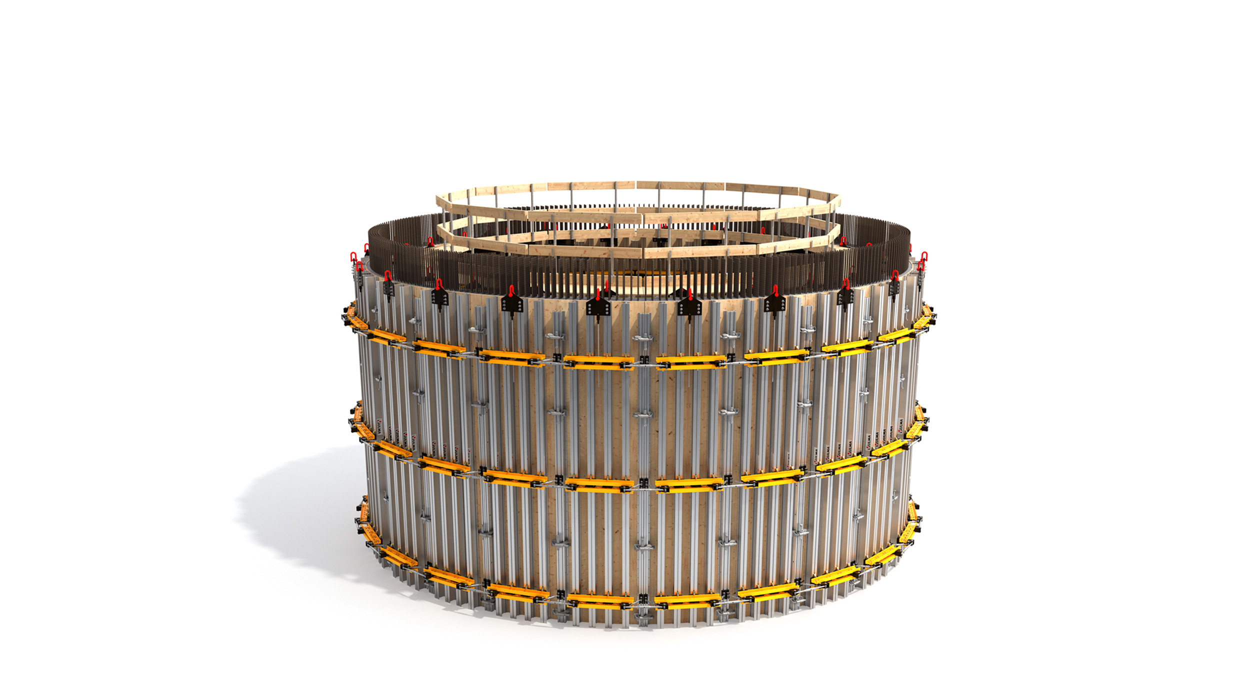 Modular circular formwork system composed of modular panels, which are pre-assembled according to the required radius.