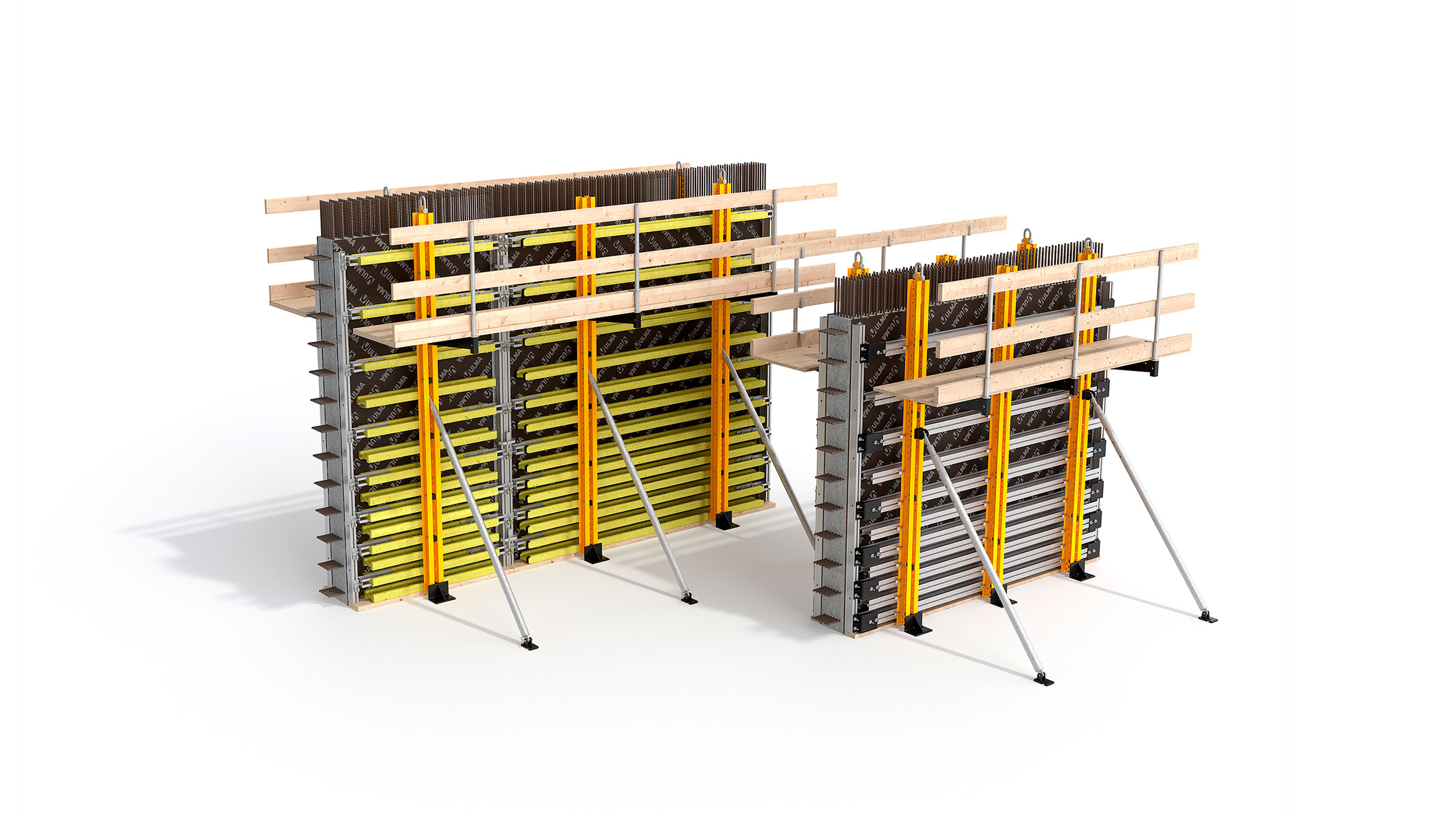 Steel waler and wood or aluminum beam forming modular system designed for architectural concrete finish walls and large formwork gangs.