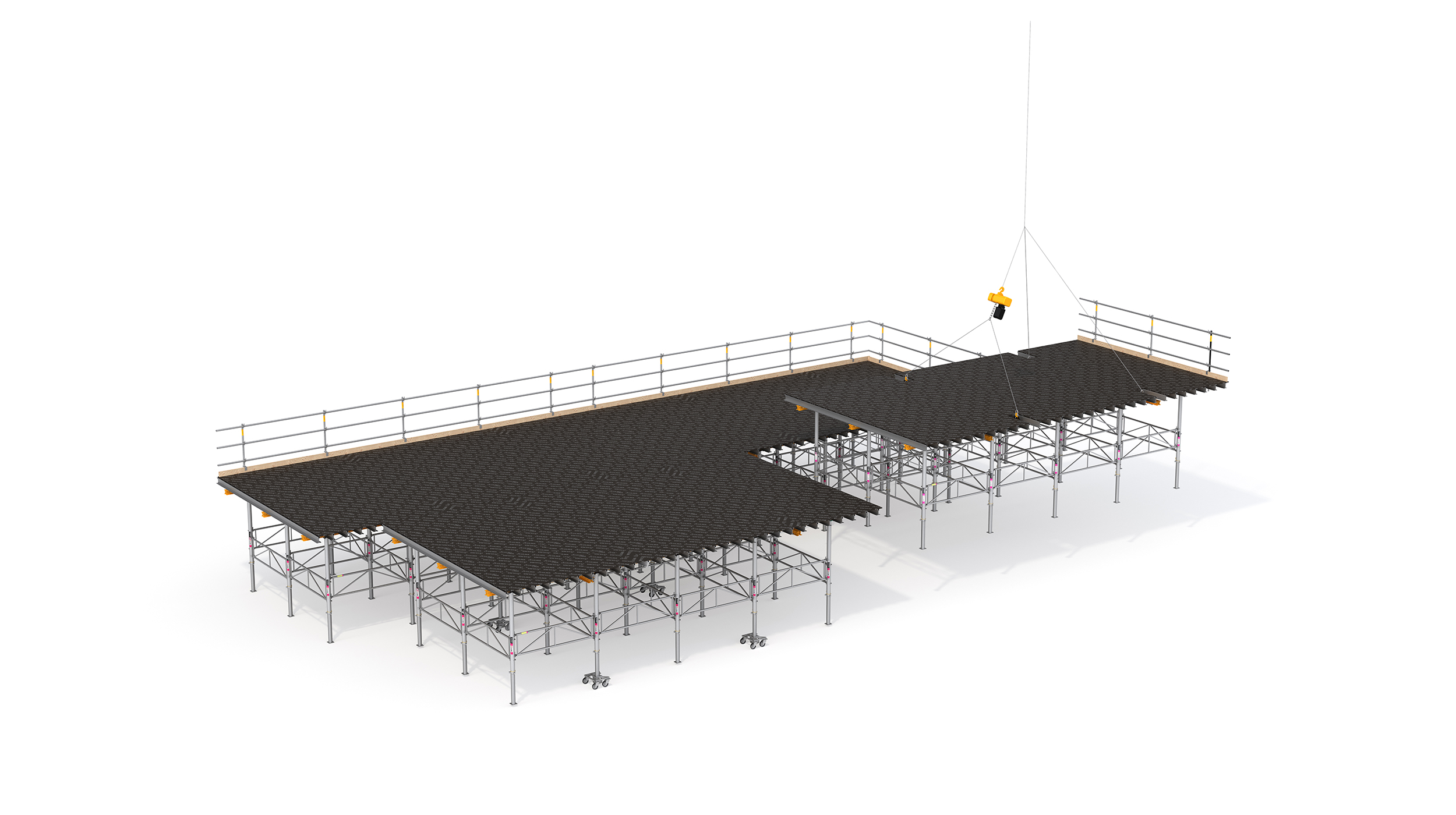 The system is ideal for projects with large square footage and regular geometries. The main components include MK-120 waler, aluminum joists, ALUPROP post shores, heads, bracing frames, and plywood.