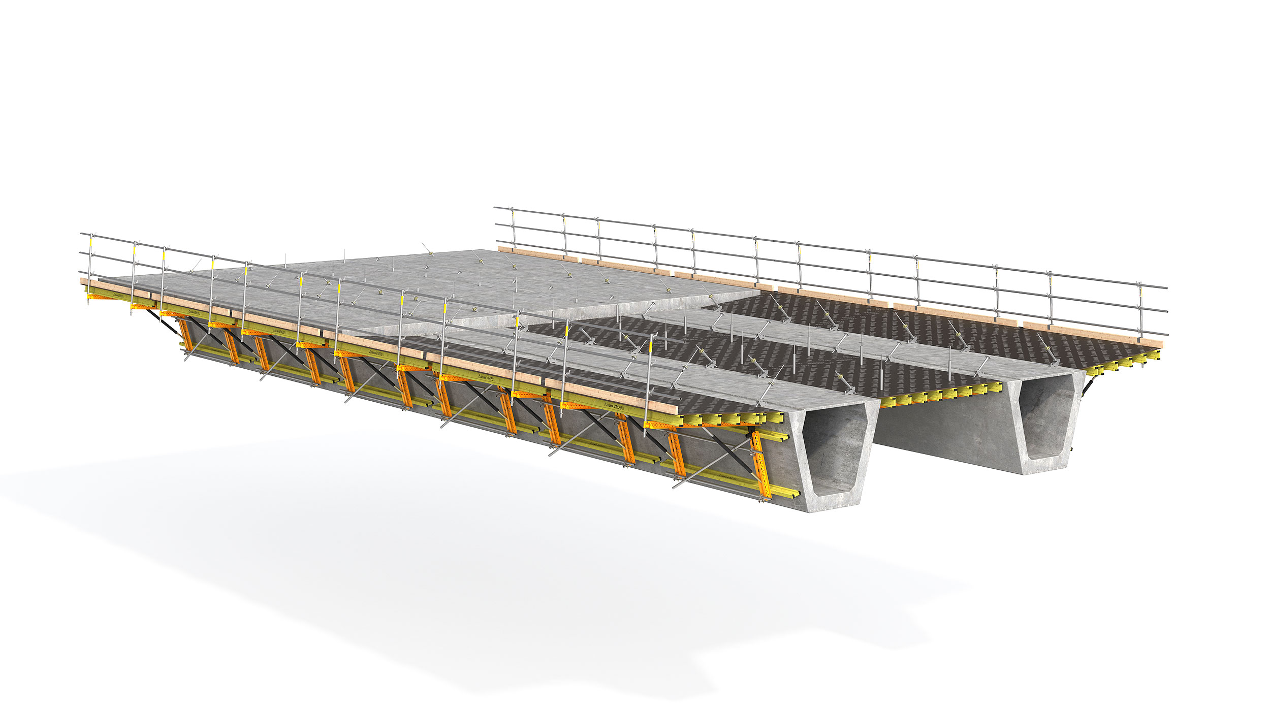 Modular formwork for the flanges or central slabs of bridges with metal or prefabricated concrete girders. Highlight: the system's safety.