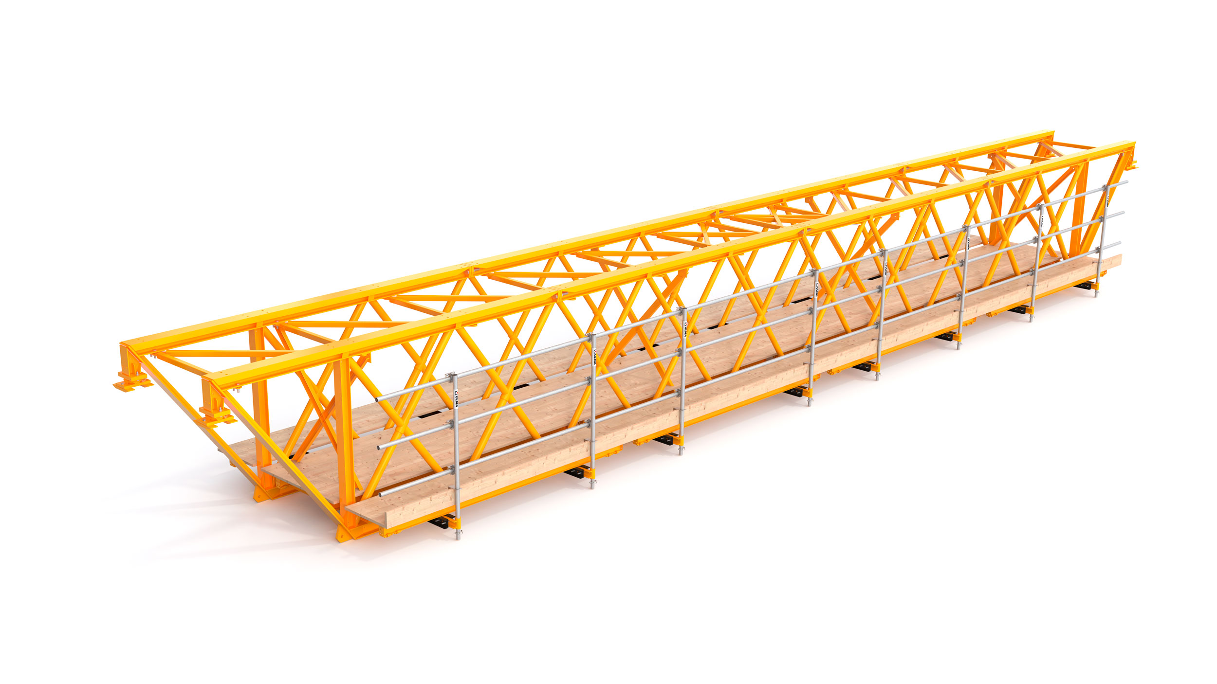 Modular truss system for large span concrete constructions. Highlights: minimum number of ground shorings, easy erection and handling. Mainly oriented towards civil engineering.