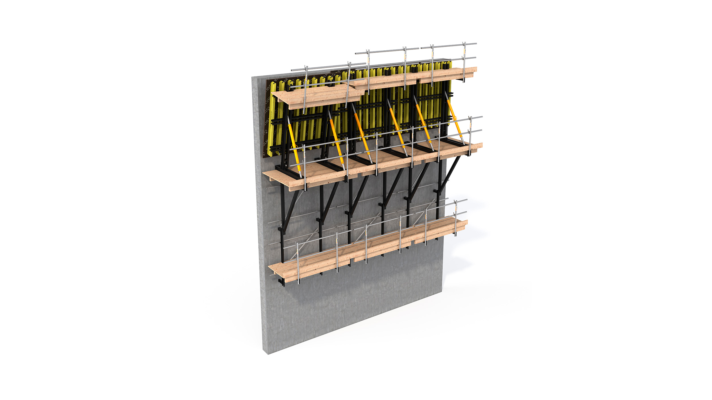 A configurable climbing formwork for straight or inclined walls. Most suitable for the construction of dams, floodgates or galleries.