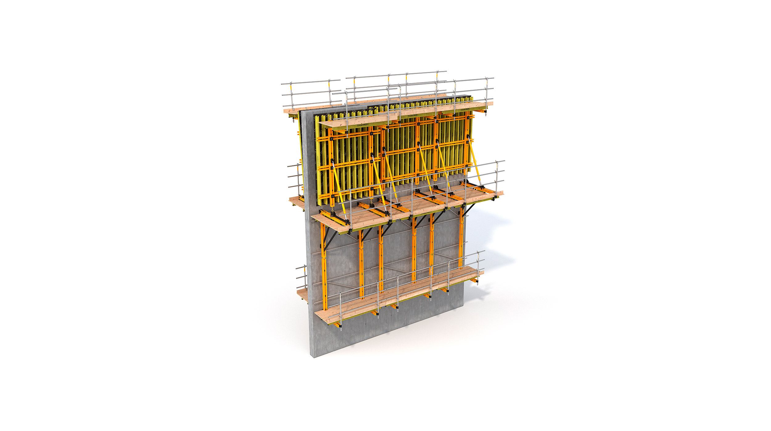 Highly flexible crane-lifted climbing system, adaptable to inclined and curved walls. Minimum transport volume.