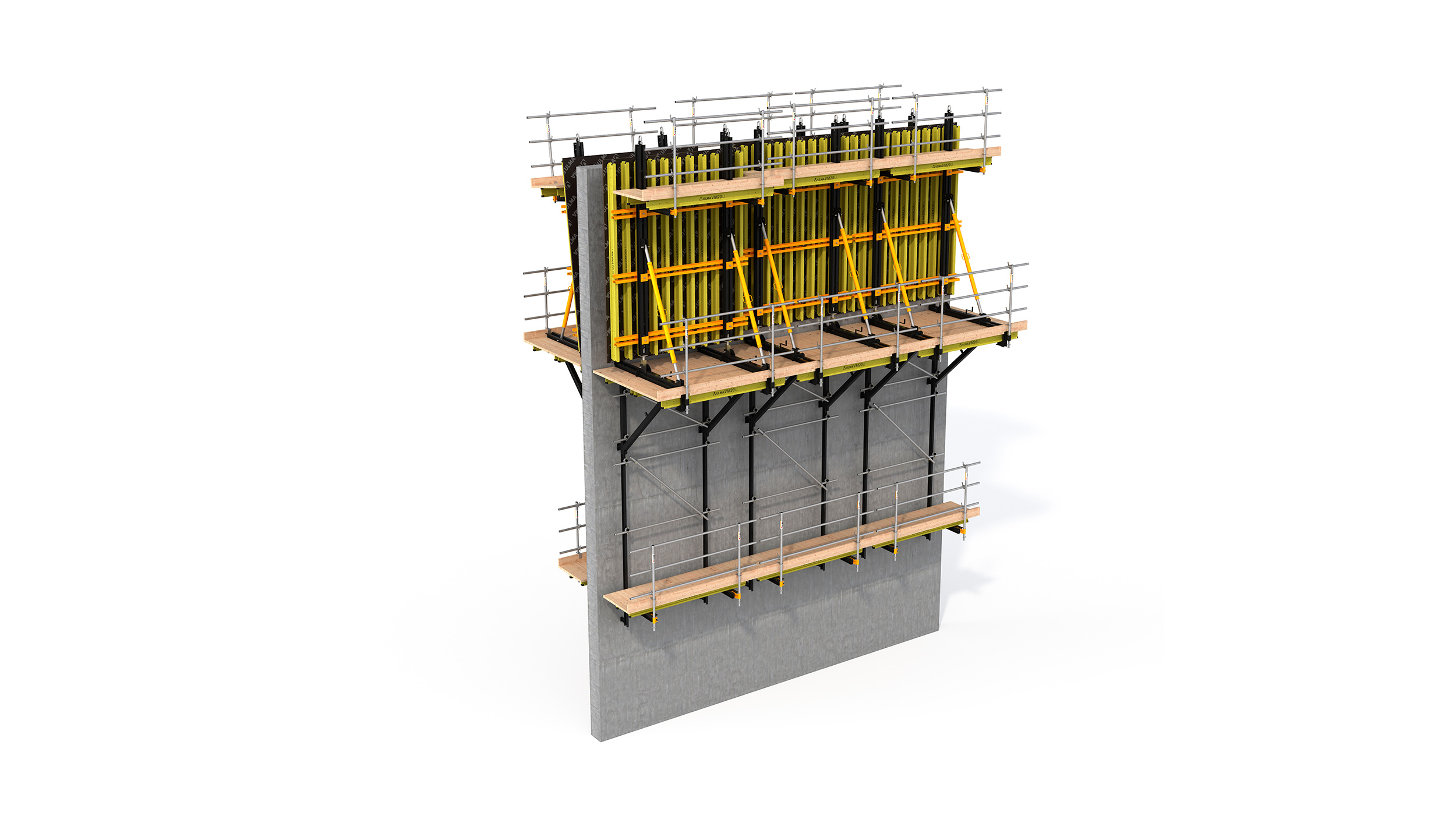 Crane-lifted climbing system optimised for large formwork gangs. Highlights: large working platforms and easy handling.