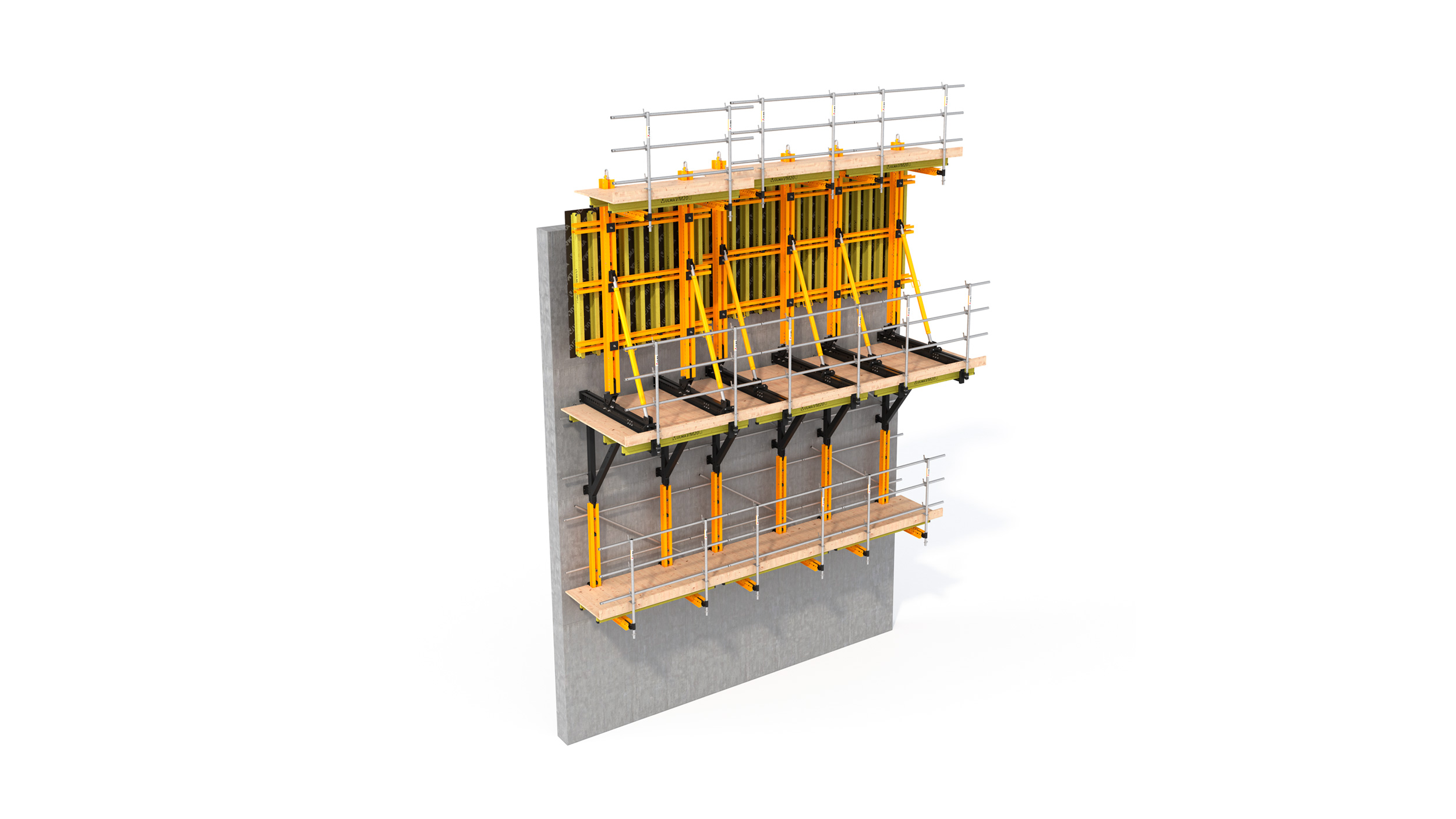 High performance one-sided climbing formwork for the construction of strongly inclined walls with total safety.