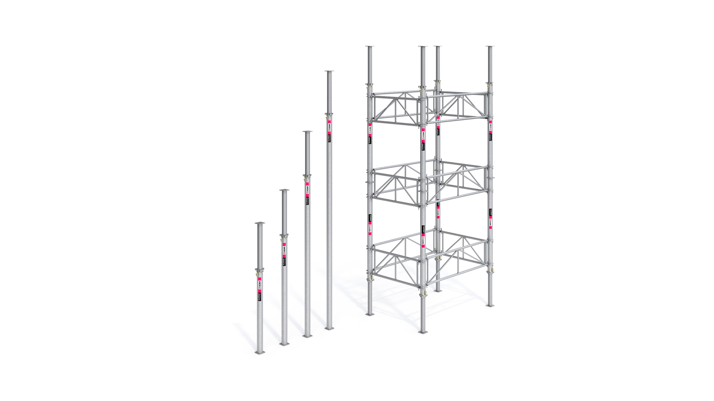 Certified heavy-duty load shoring system. Higlights: light components and tower configurations up to 12 m.