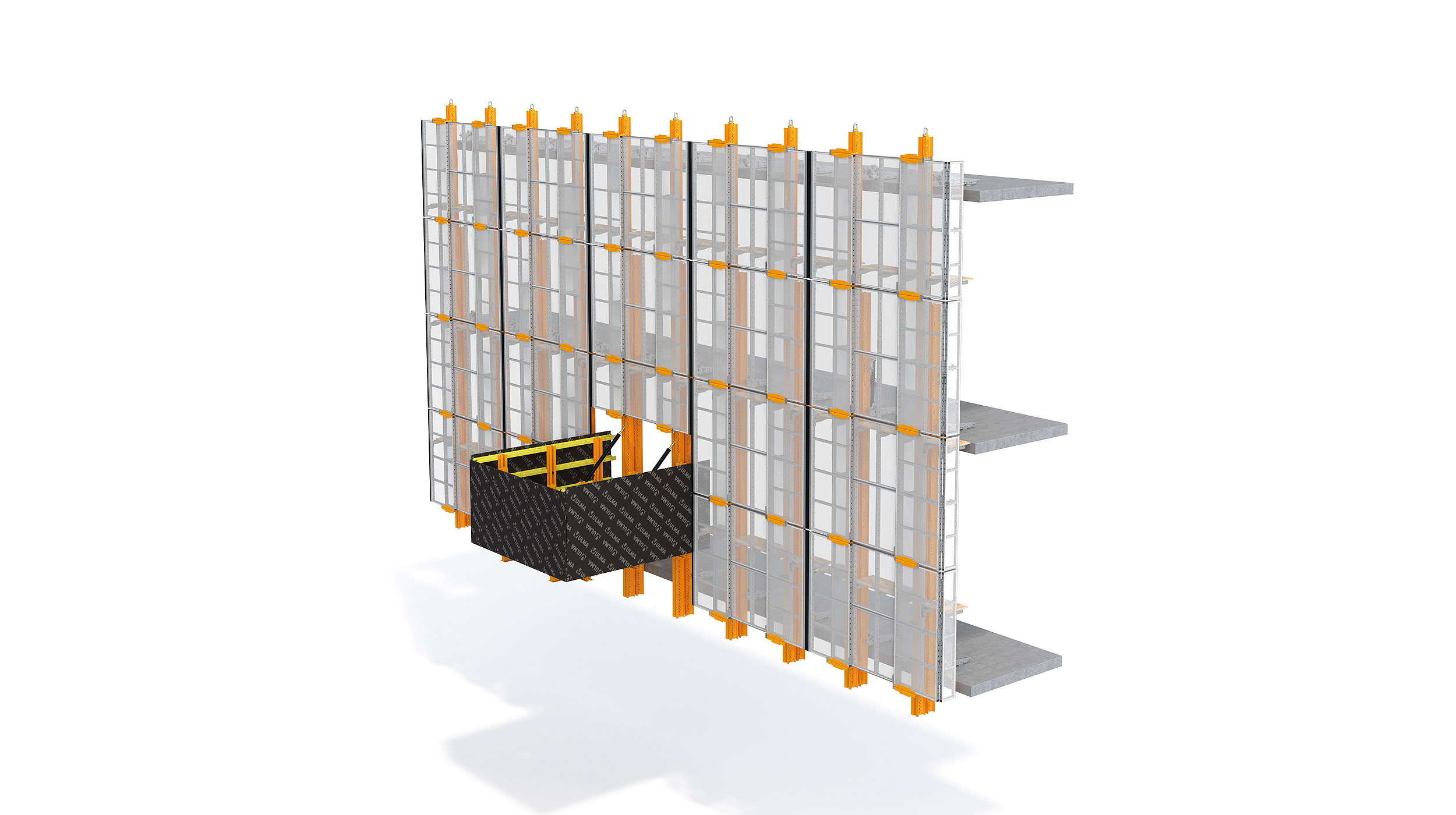 Extremely flexible perimeter safety screen that adapts to any building geometry and configuration need. Designed for high-rise buildings, the system can be hydraulic or crane-lifted.