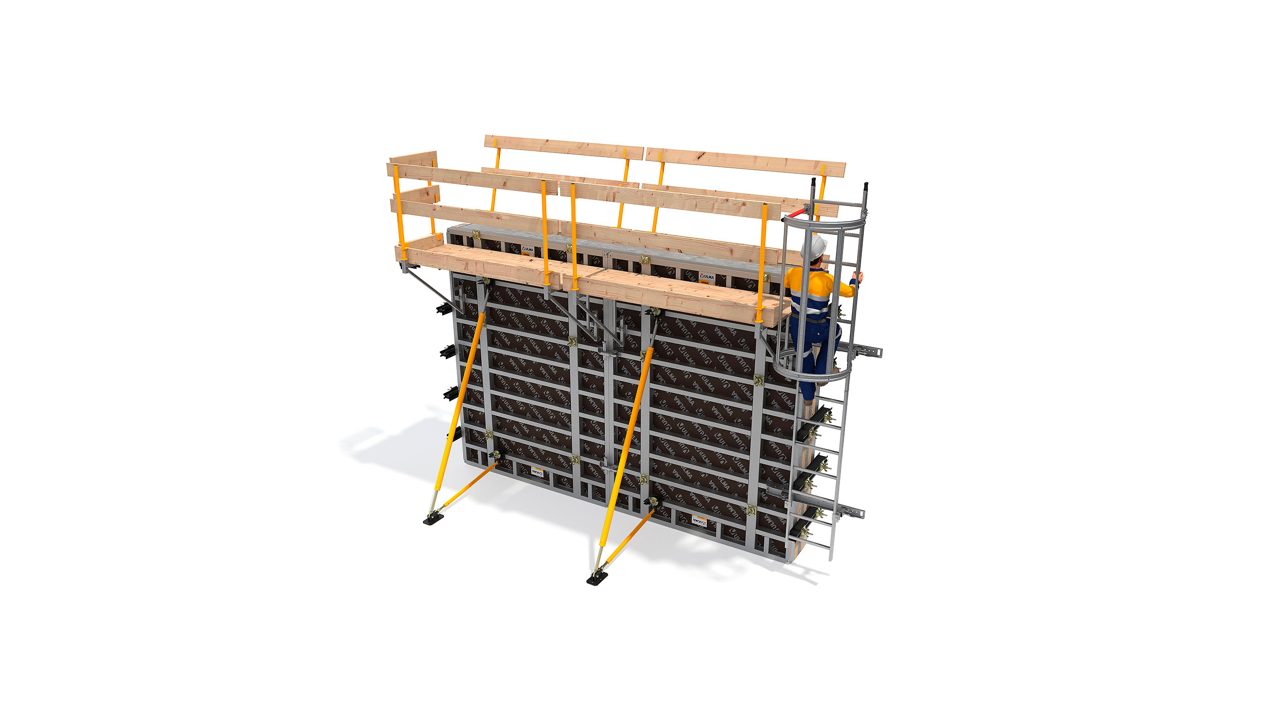 Safety system to provide safe access to working platforms at any level or height on wall formwork.