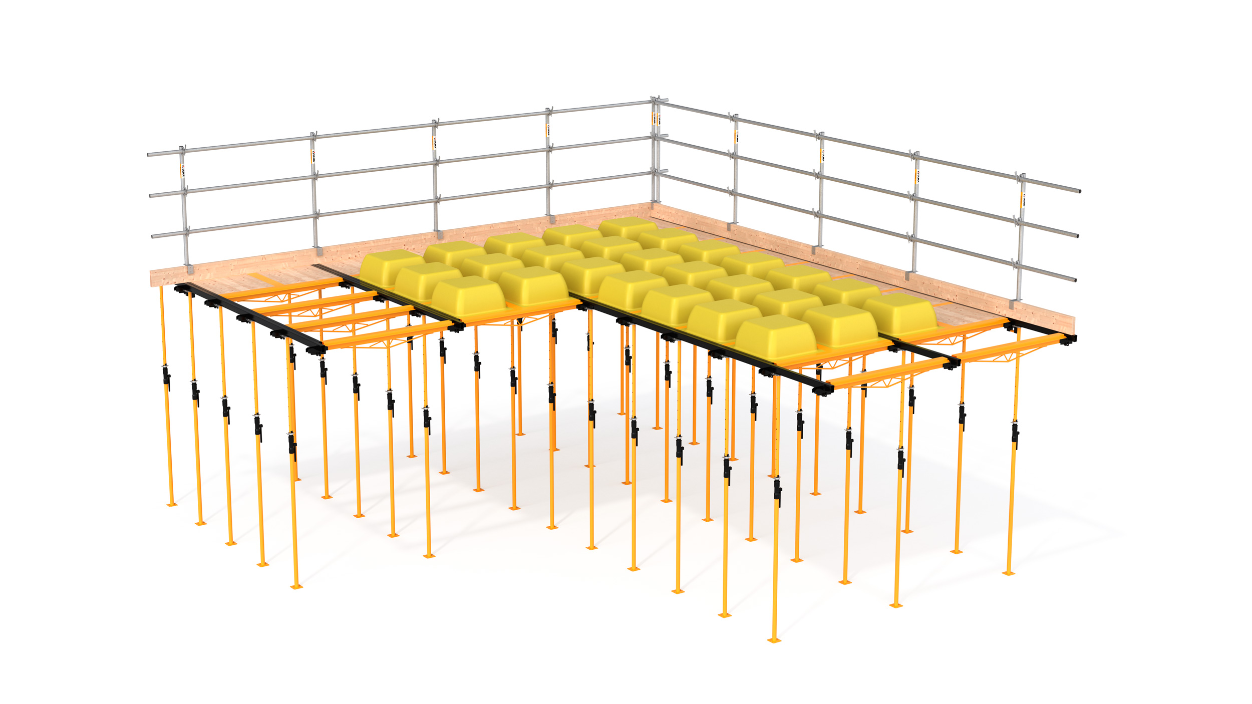 Flexible slab formwork system for lightened slabs. Composed of recoverable plastic moulds. It is adaptable to different slab geometries.