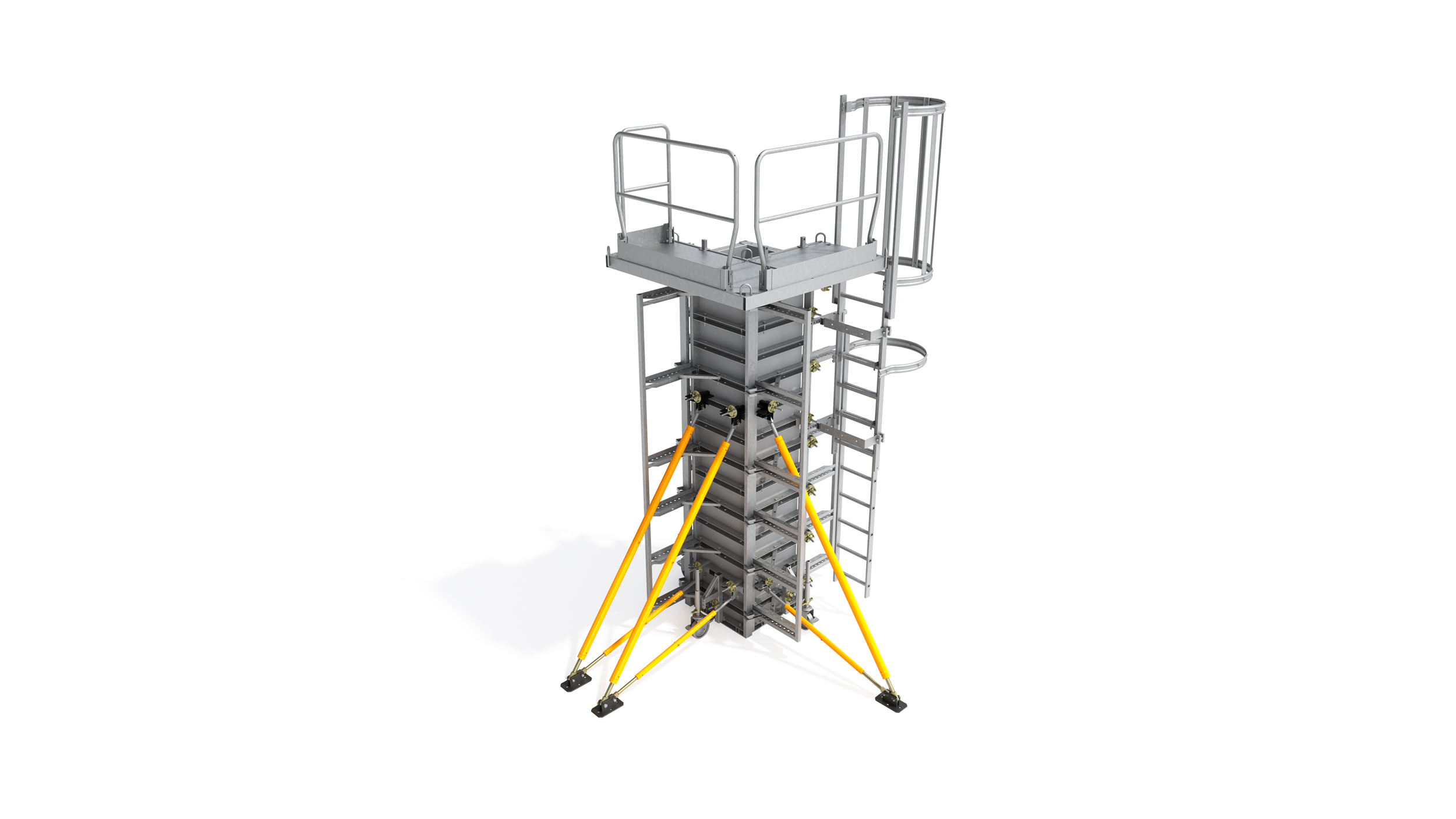 Articulated concrete column form with integrated connecting elements. Reduced assembly and dismantling times.