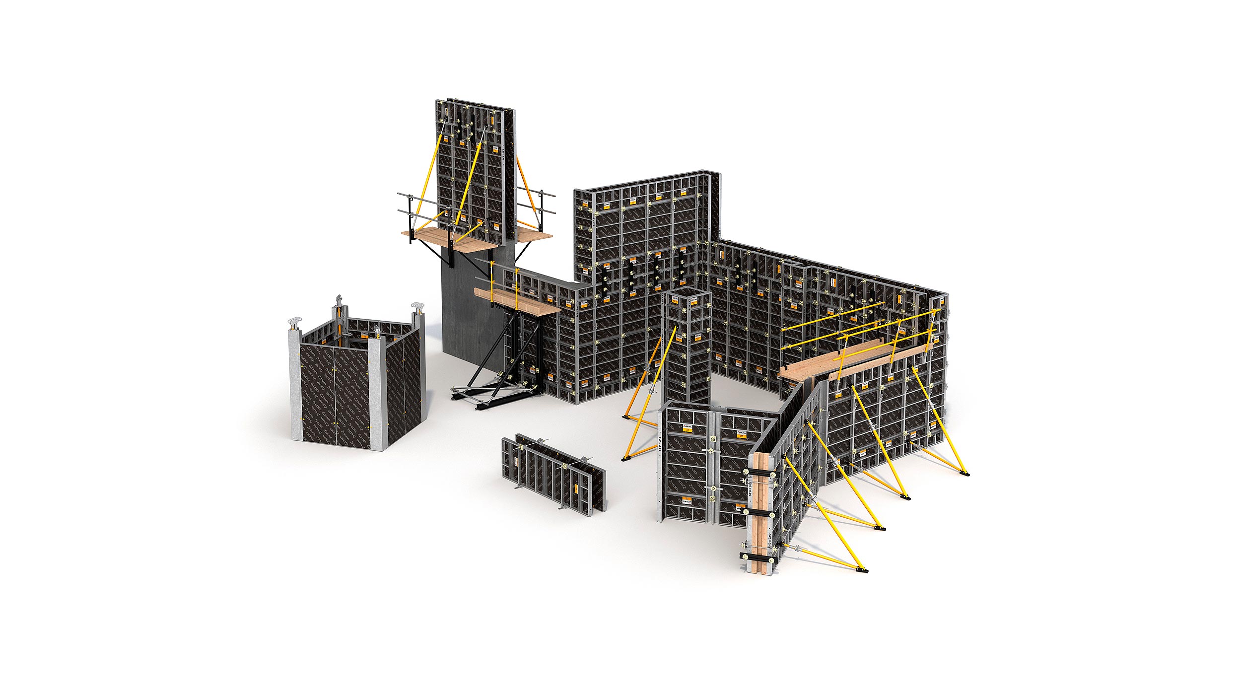 Light yet sturdy wall and column formwork with a wide range of multifunctional panels. Perfect for complex geometrical structures. Manual handling or gang forming.