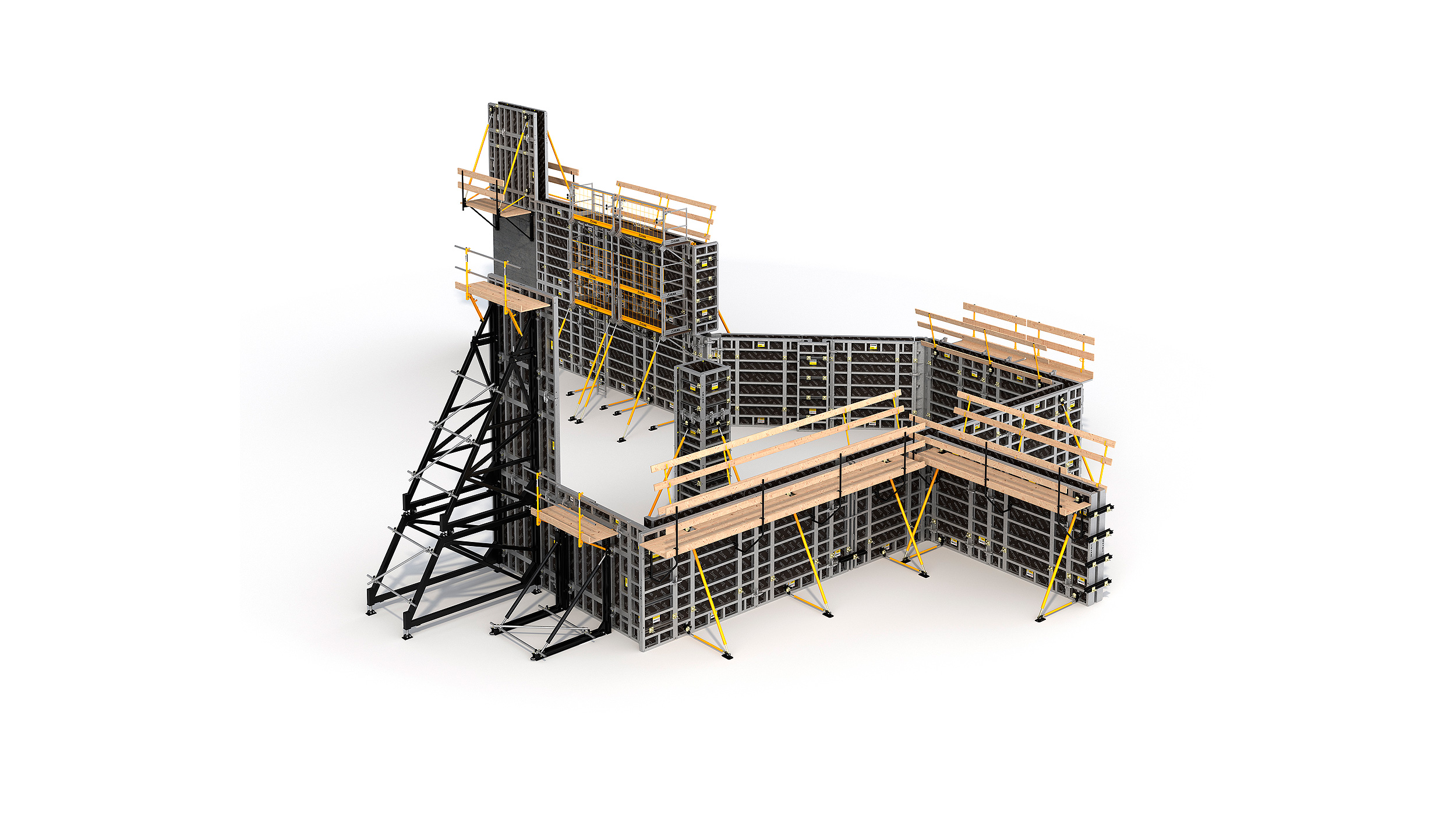 Modular formwork system for the construction of any vertical concrete structure. Highlights: high performance rates at minimum labour cost.