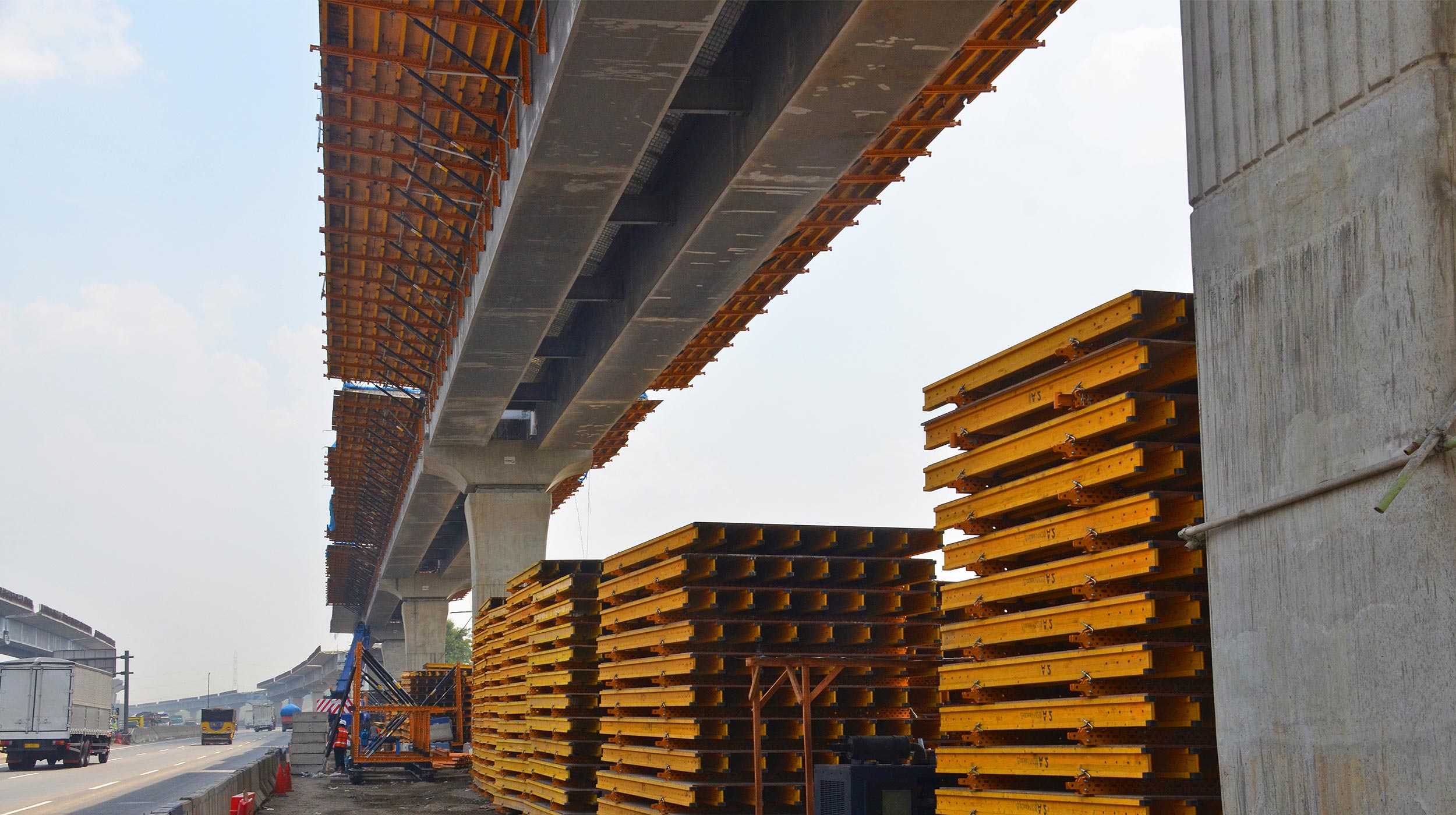 Construction of the new elevated toll road connecting Jakarta and Cikampek, an industrial district in Karawang, West Java.