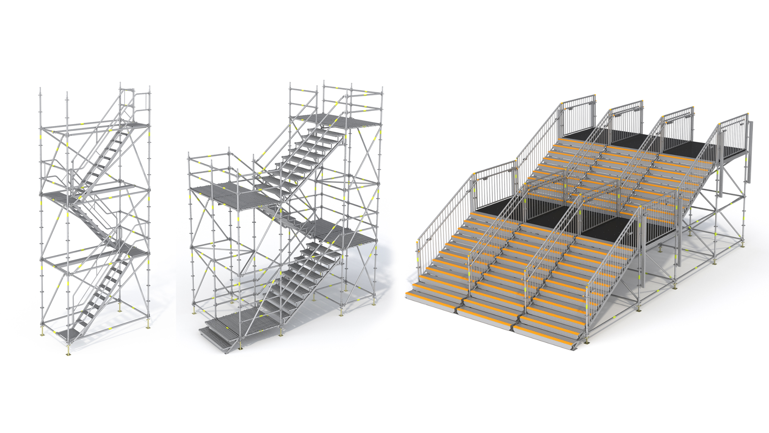 Temporary stair towers for the access to construction sites, pedestrian movement in public spaces and for evacuation in case of emergency.