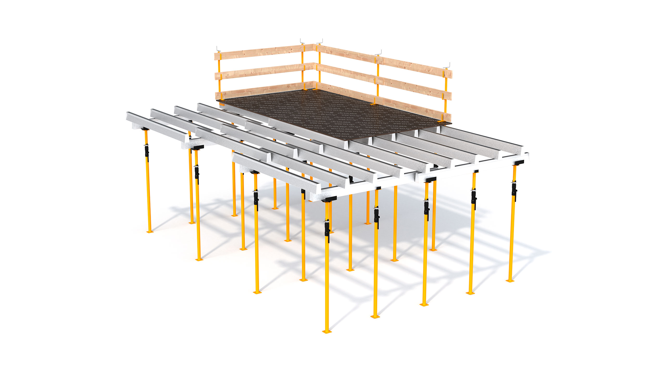 Sistema de encofrado de vigas fácilmente adaptable a cualquier geometría.
Consta de pocos componentes, de montaje sencillo y rápido. Sistema indicado para la construcción de losas entre muros.