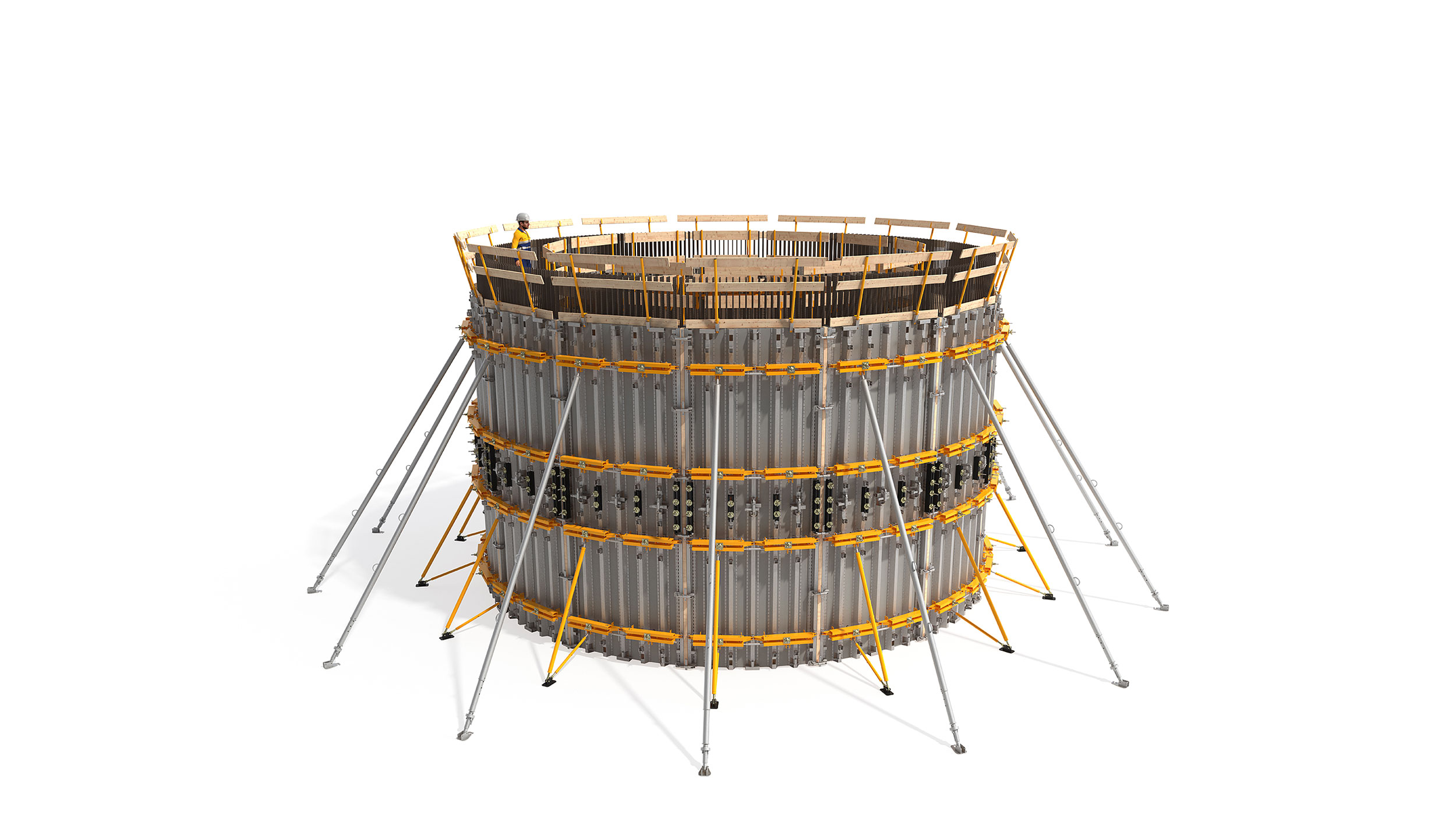 Sistema de encofrado optimizado para la construcción de muros circulares. Resistente y de curvado muy rápido. Adecuado para construcciones energéticas de hormigón.