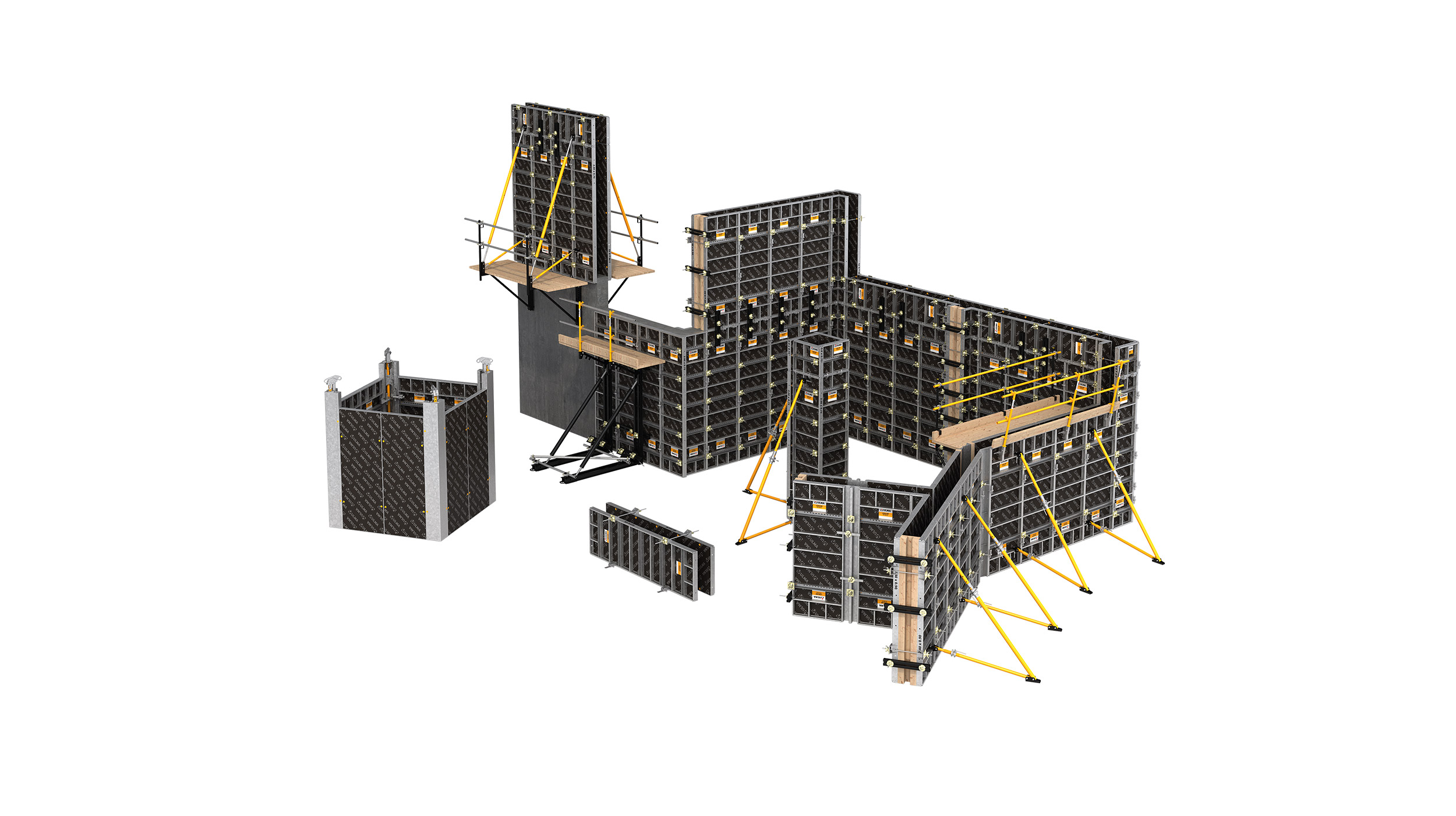 Sistema de encofrado modular multifunción y duradero. Un solo panel para muros y pilares. Perfecto para geometrías complejas. Montaje manual o con grúa.