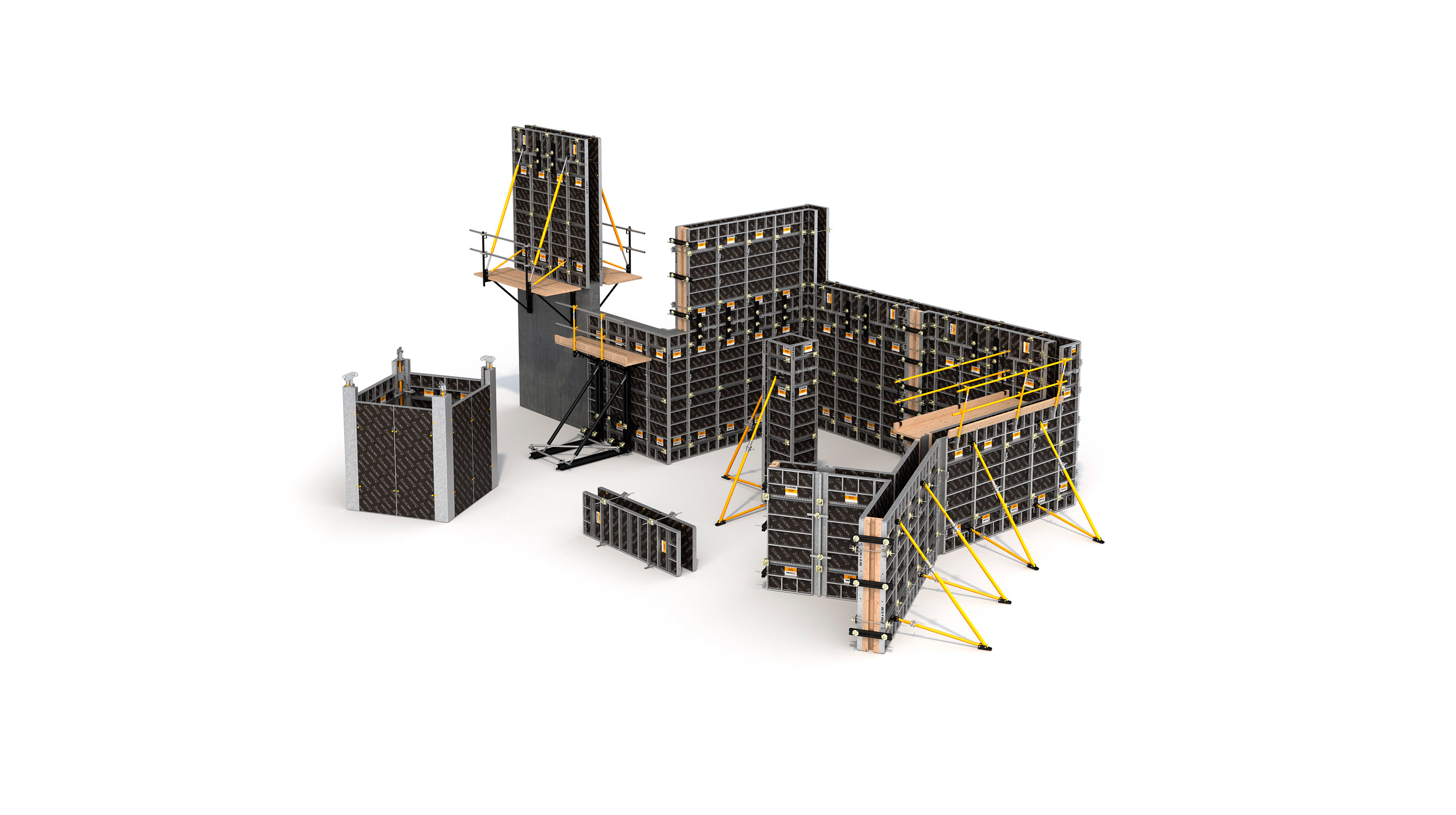 Sistema de encofrado modular multifunción y duradero. Un solo panel para muros y pilares. Perfecto para geometrías complejas. Montaje manual o con grúa.