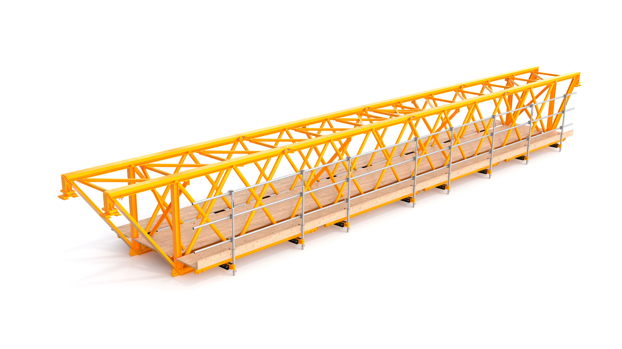 Sistema de cerchas modular para construcciones de hormigón de grandes vanos entre apoyos. Aspectos destacables: necesita un número mínimo de apeos al terreno, es fácil de montar y manipular. 
Principalmente orientado a obra civil.