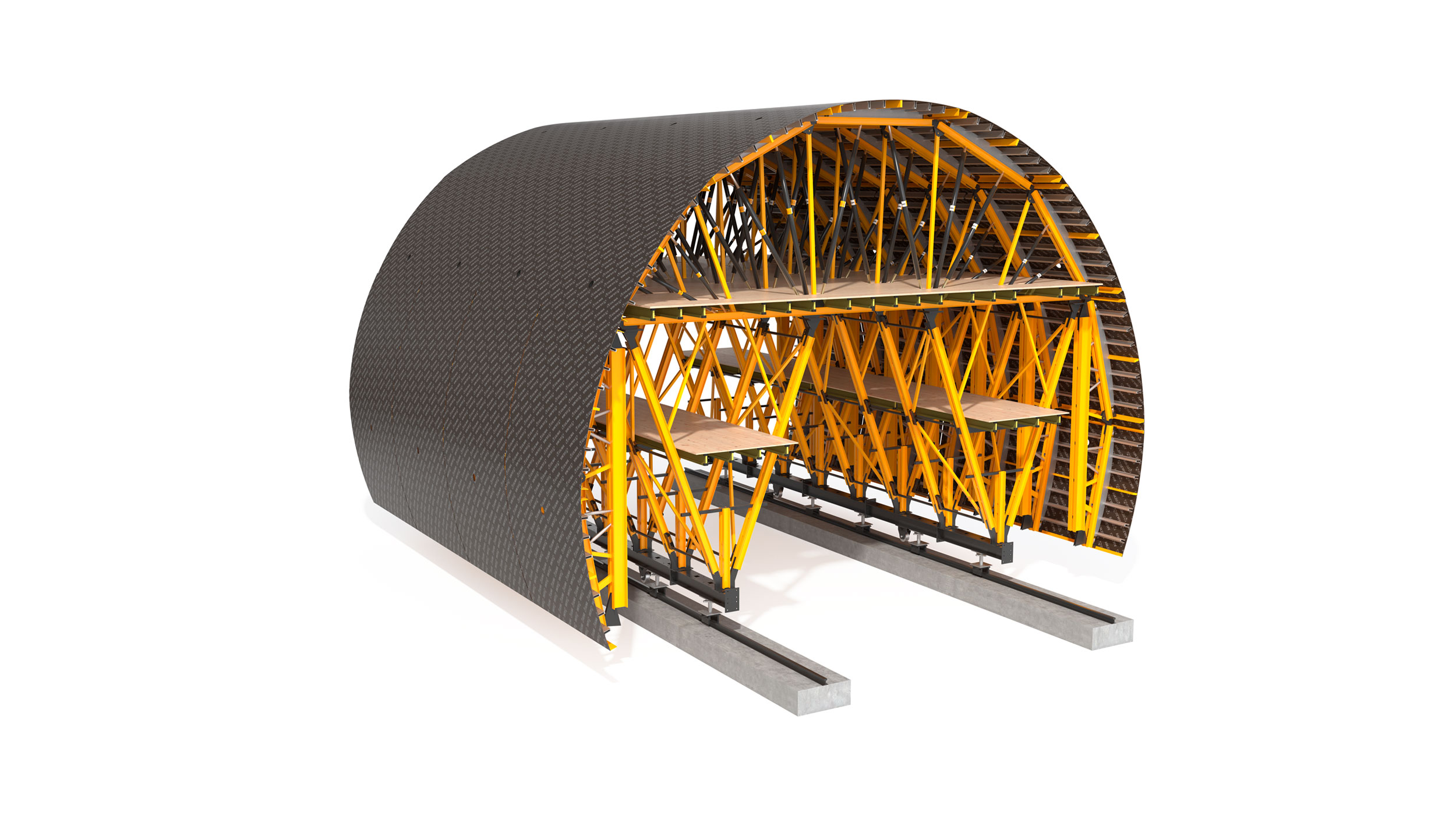 Carro de encofrado totalmente configurable, indicado para túneles de hasta 1 km de longitud. Sistema de alta rentabilidad. Alquilable.