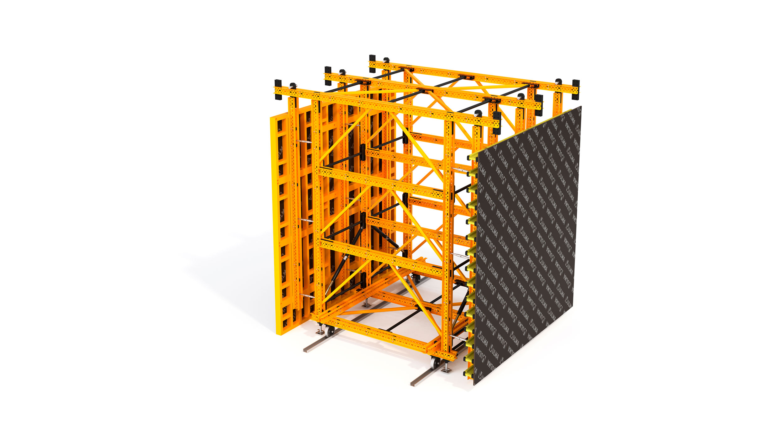 Sistema móvil para la construcción de muros de hormigón de gran longitud a una o dos caras. Fácil de montar y desencofrar.